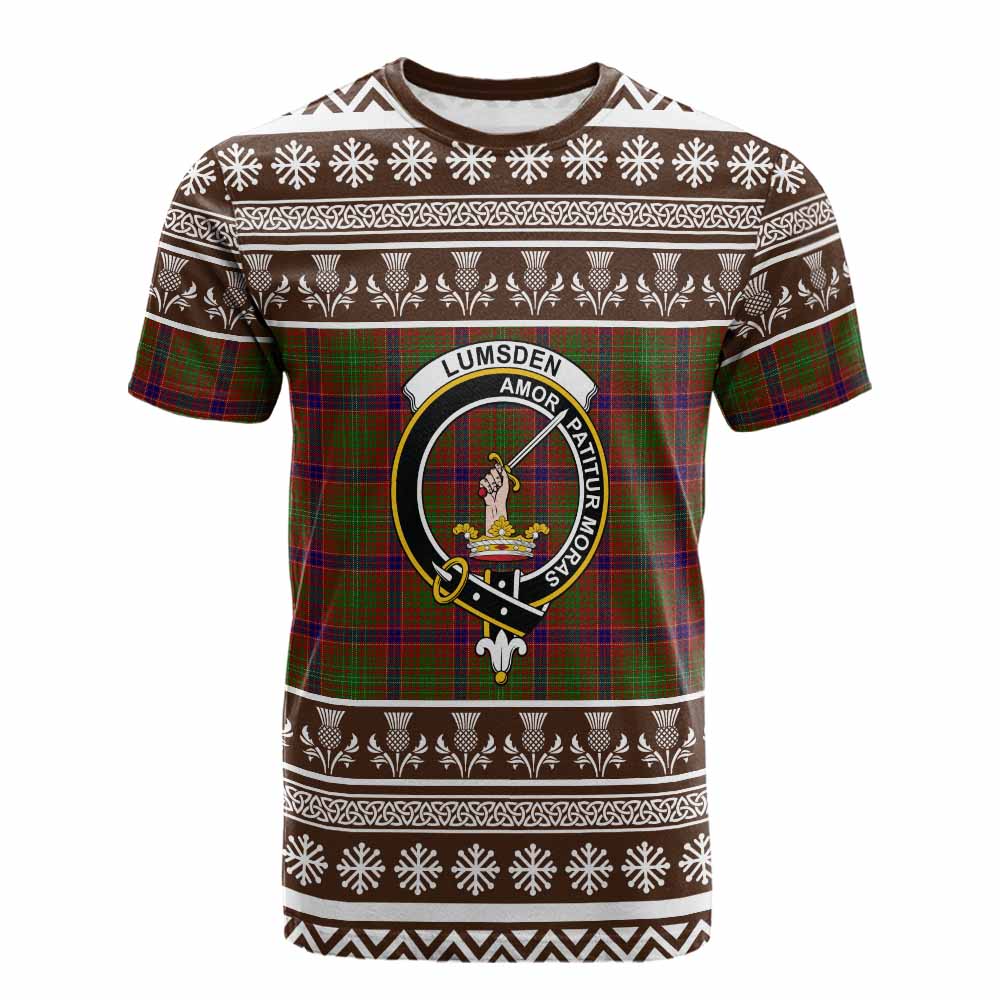 Lumsden Clan Tartan Christmas Cotton T-shirt with Family Crest - Tartan Vibes Clothing