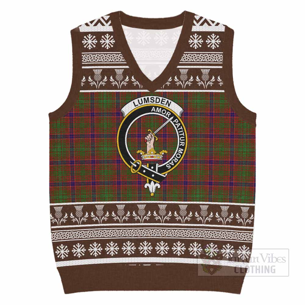 Lumsden Clan Tartan Christmas Knitted V-Neck Vest with Family Crest - Tartan Vibes Clothing