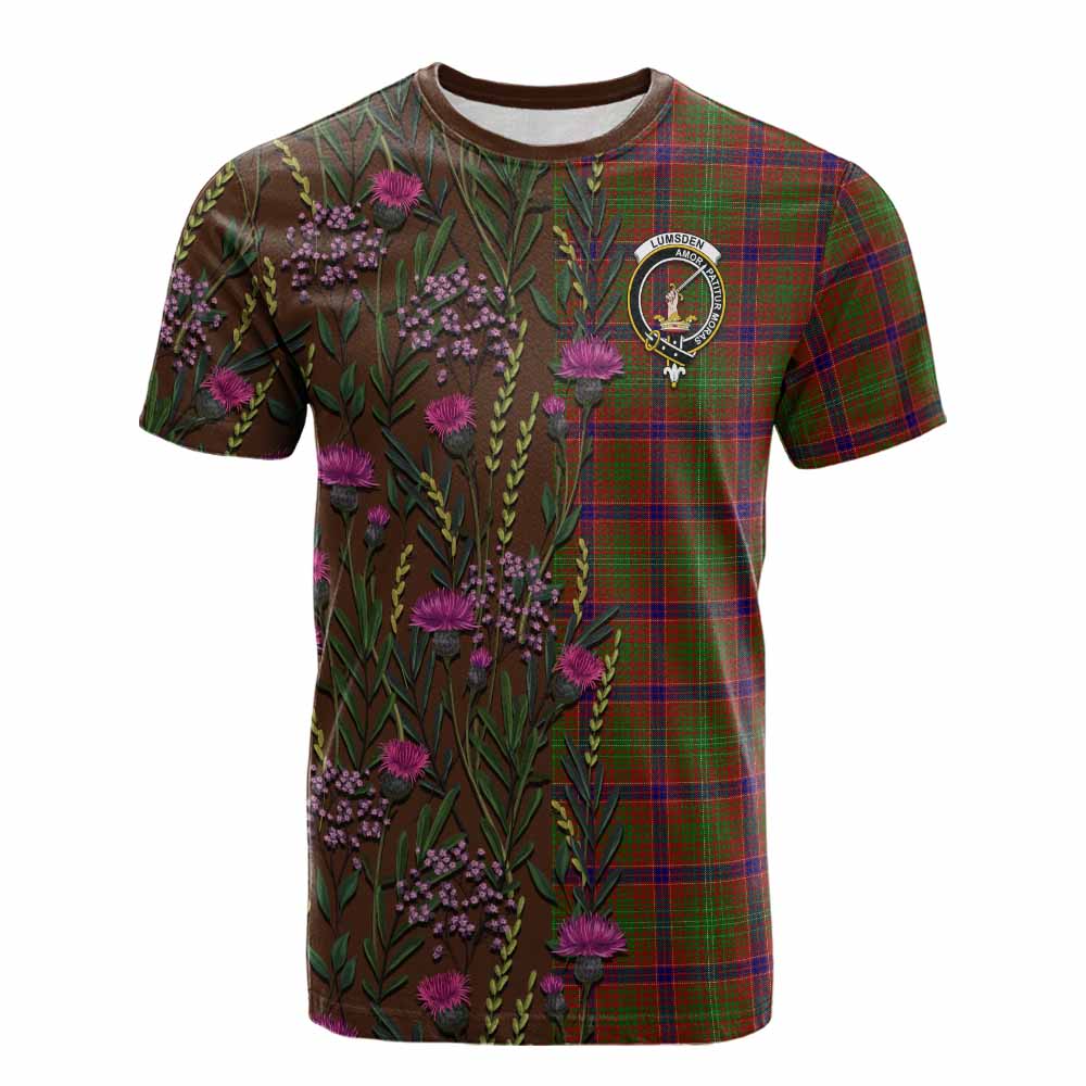 Lumsden Family Crest Tartan Cotton T-shirt Scottish Thistle Flower Pattern Half Style - Tartan Vibes Clothing