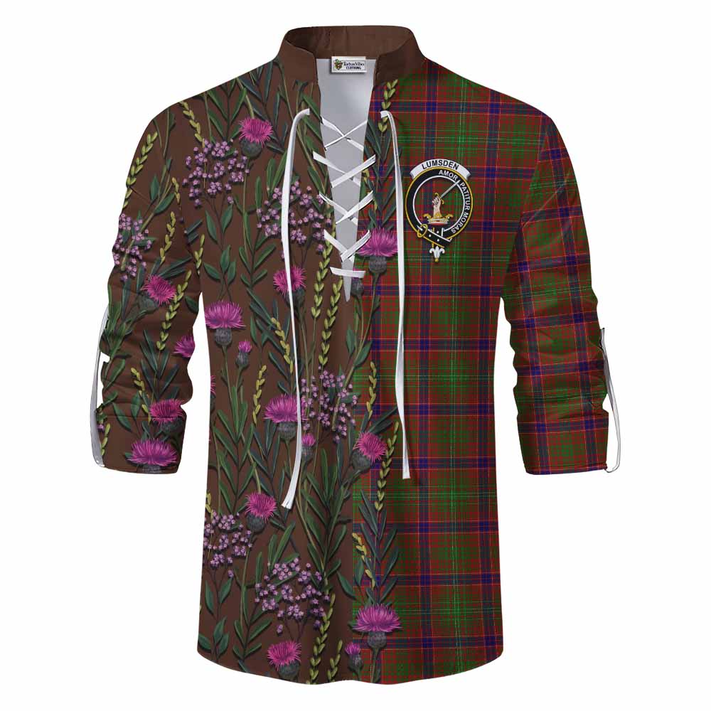 Lumsden Family Crest Tartan Ghillie Shirt Scottish Thistle Flower Pattern Half Style - Tartan Vibes Clothing