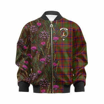 Lumsden Family Crest Tartan Kid Bomber Jacket Scottish Thistle Flower Pattern Half Style - Tartan Vibes Clothing