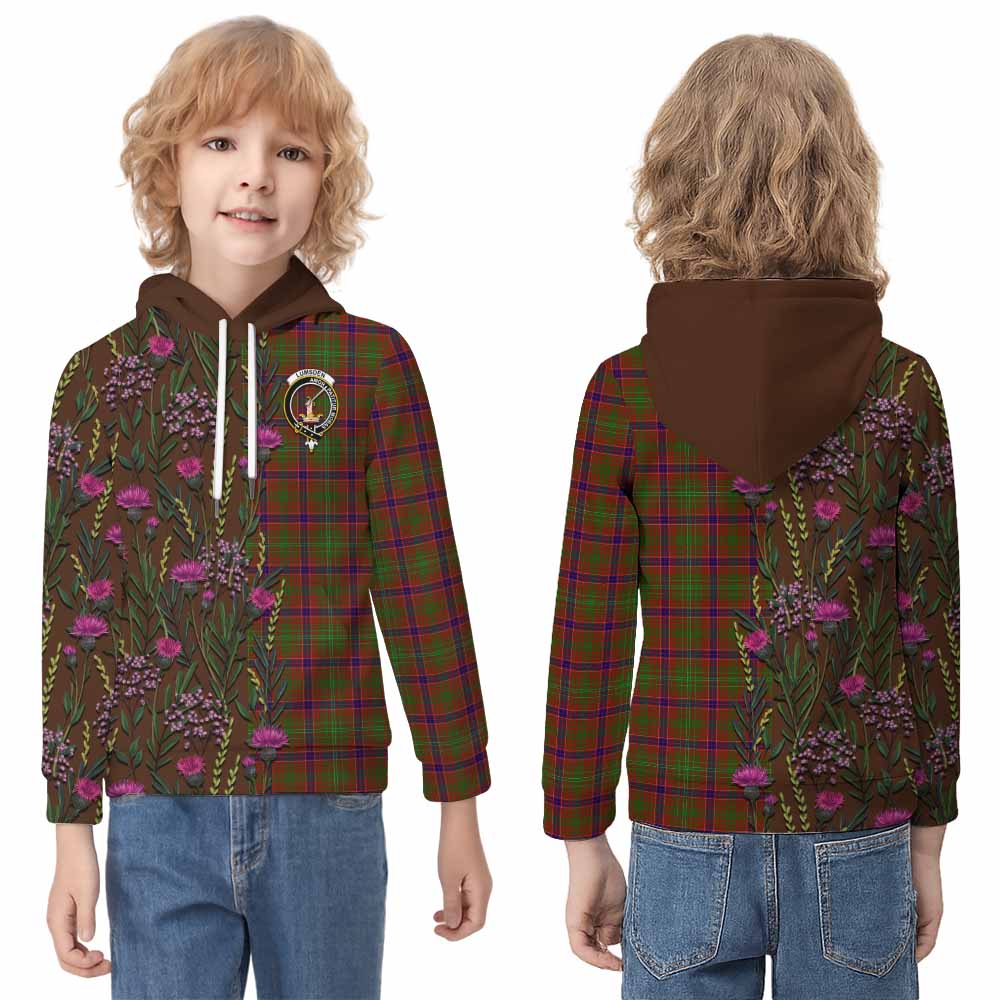 Lumsden Family Crest Tartan Kid Hoodie Scottish Thistle Flower Pattern Half Style - Tartan Vibes Clothing