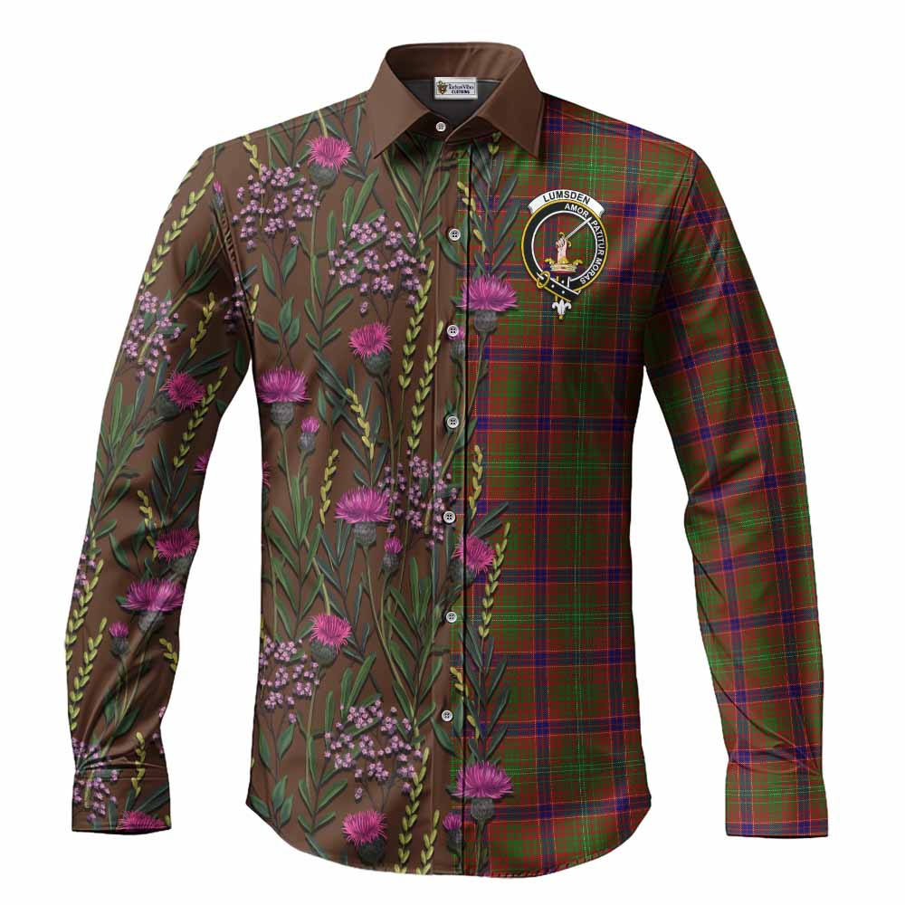 Lumsden Family Crest Tartan Long Sleeve Button Shirts Scottish Thistle Flower Pattern Half Style - Tartan Vibes Clothing