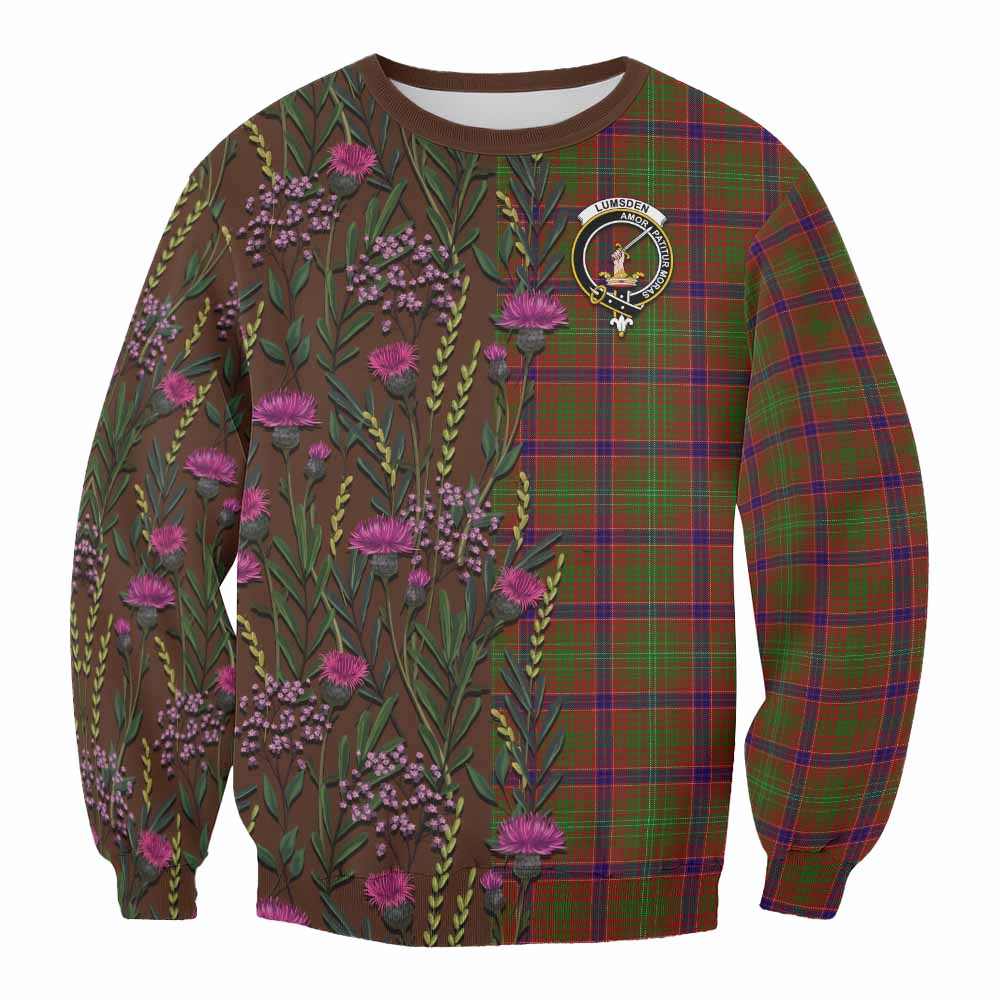 Lumsden Family Crest Tartan Sweatshirt Scottish Thistle Flower Pattern Half Style - Tartan Vibes Clothing