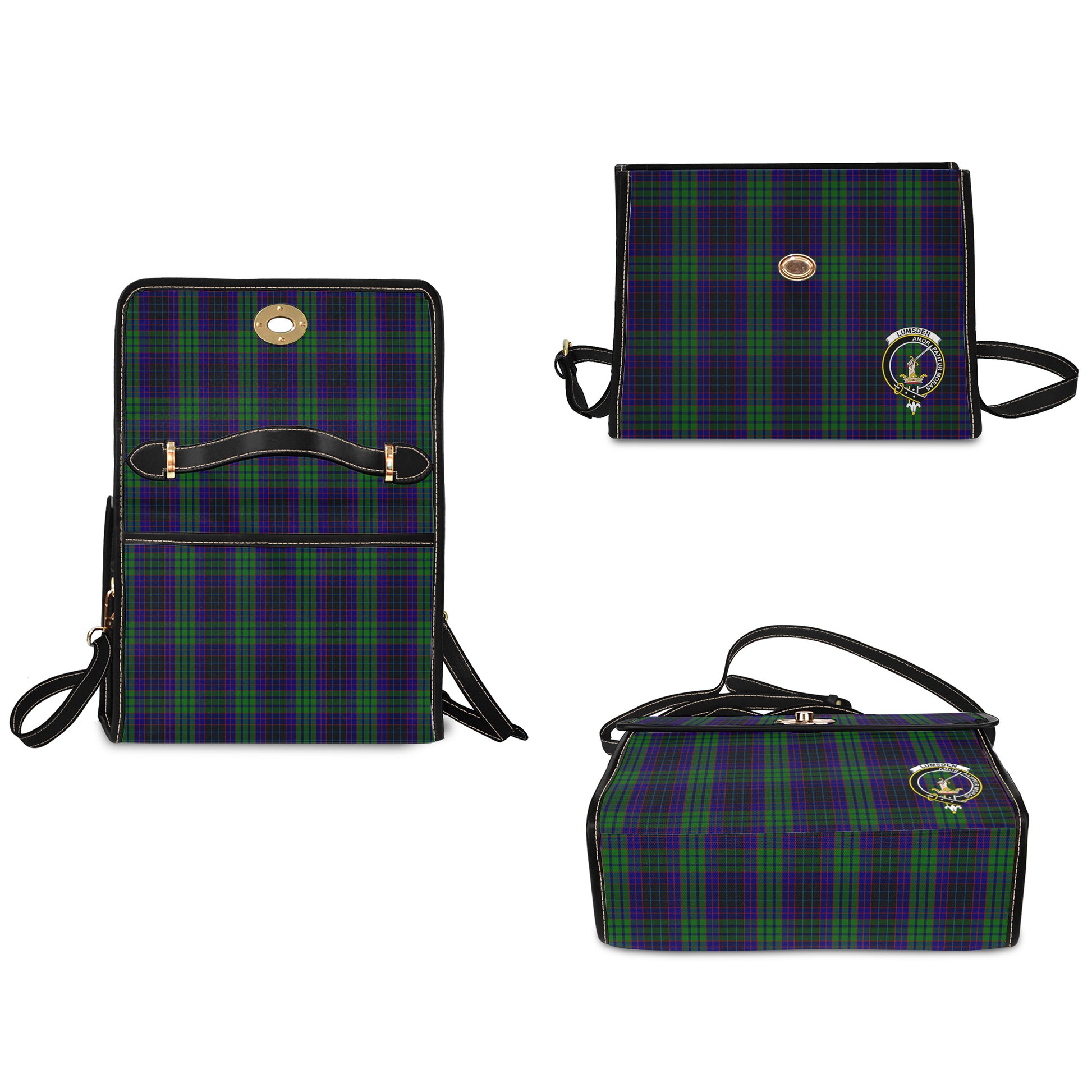 lumsden-green-tartan-leather-strap-waterproof-canvas-bag-with-family-crest
