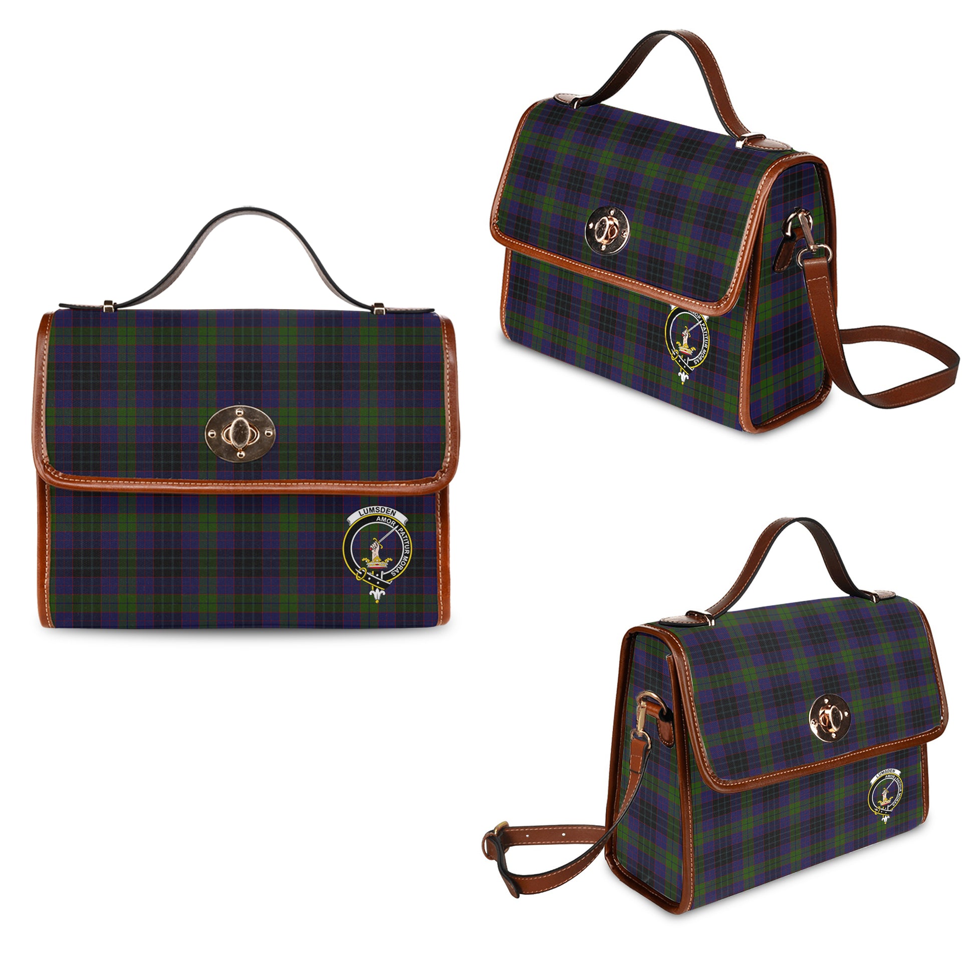 lumsden-hunting-tartan-leather-strap-waterproof-canvas-bag-with-family-crest