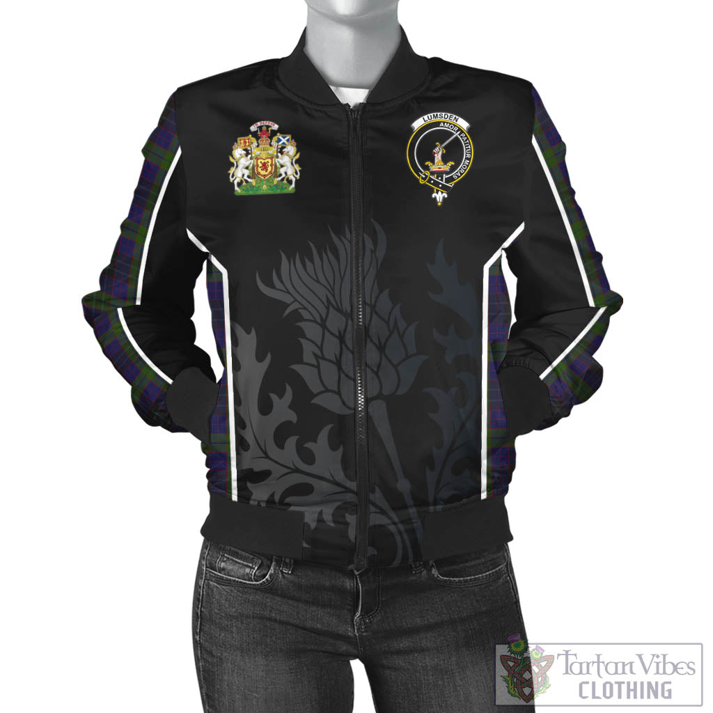 Tartan Vibes Clothing Lumsden Hunting Tartan Bomber Jacket with Family Crest and Scottish Thistle Vibes Sport Style