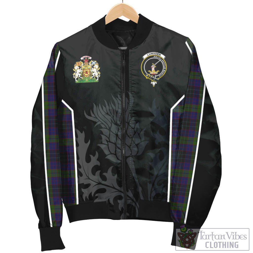 Tartan Vibes Clothing Lumsden Hunting Tartan Bomber Jacket with Family Crest and Scottish Thistle Vibes Sport Style