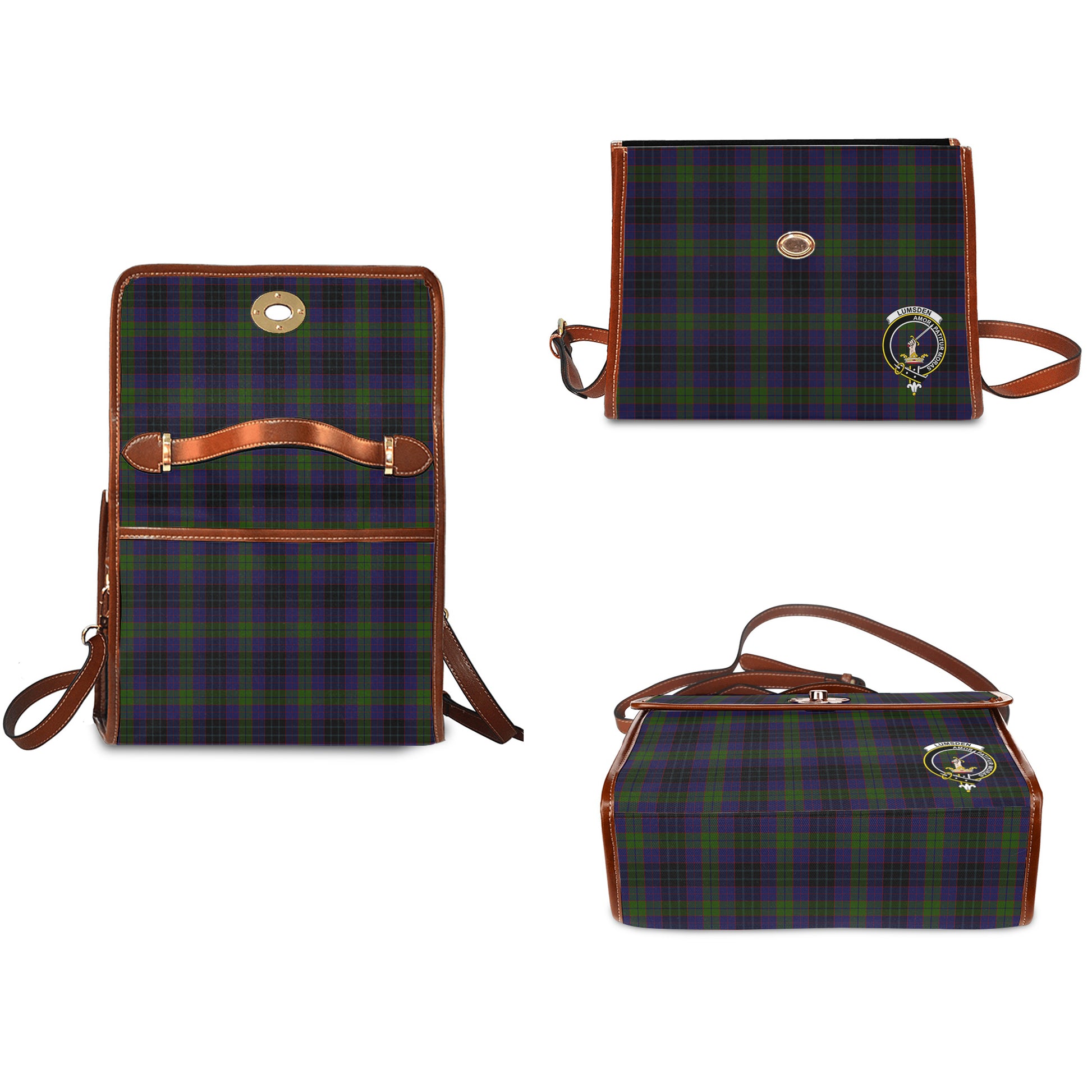 lumsden-hunting-tartan-leather-strap-waterproof-canvas-bag-with-family-crest