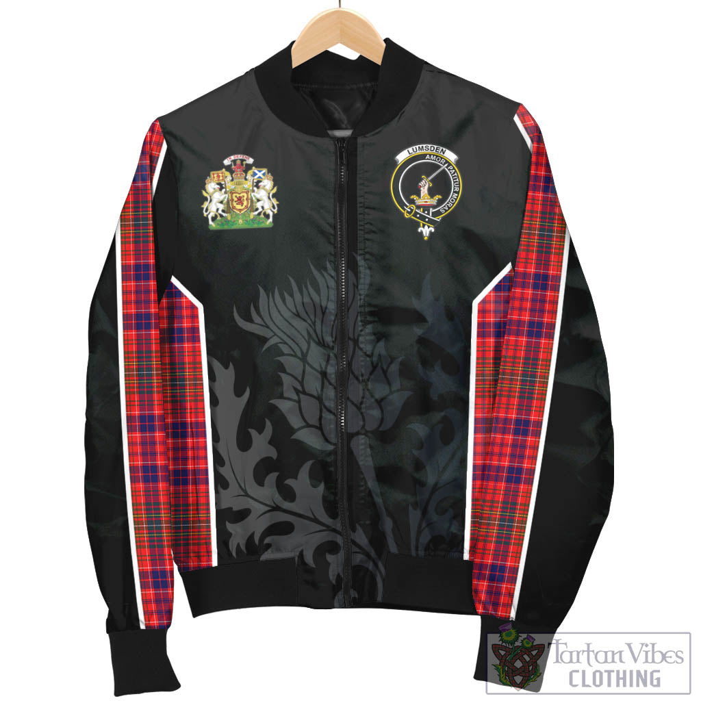 Tartan Vibes Clothing Lumsden Modern Tartan Bomber Jacket with Family Crest and Scottish Thistle Vibes Sport Style