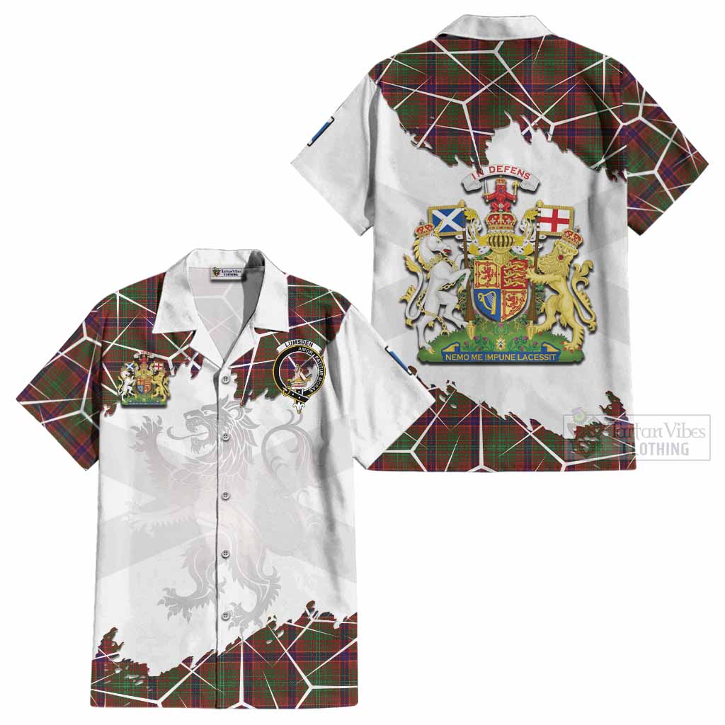 Lumsden Tartan Cotton Hawaiian Shirt with Family Crest and Lion Rampant Grunge Style