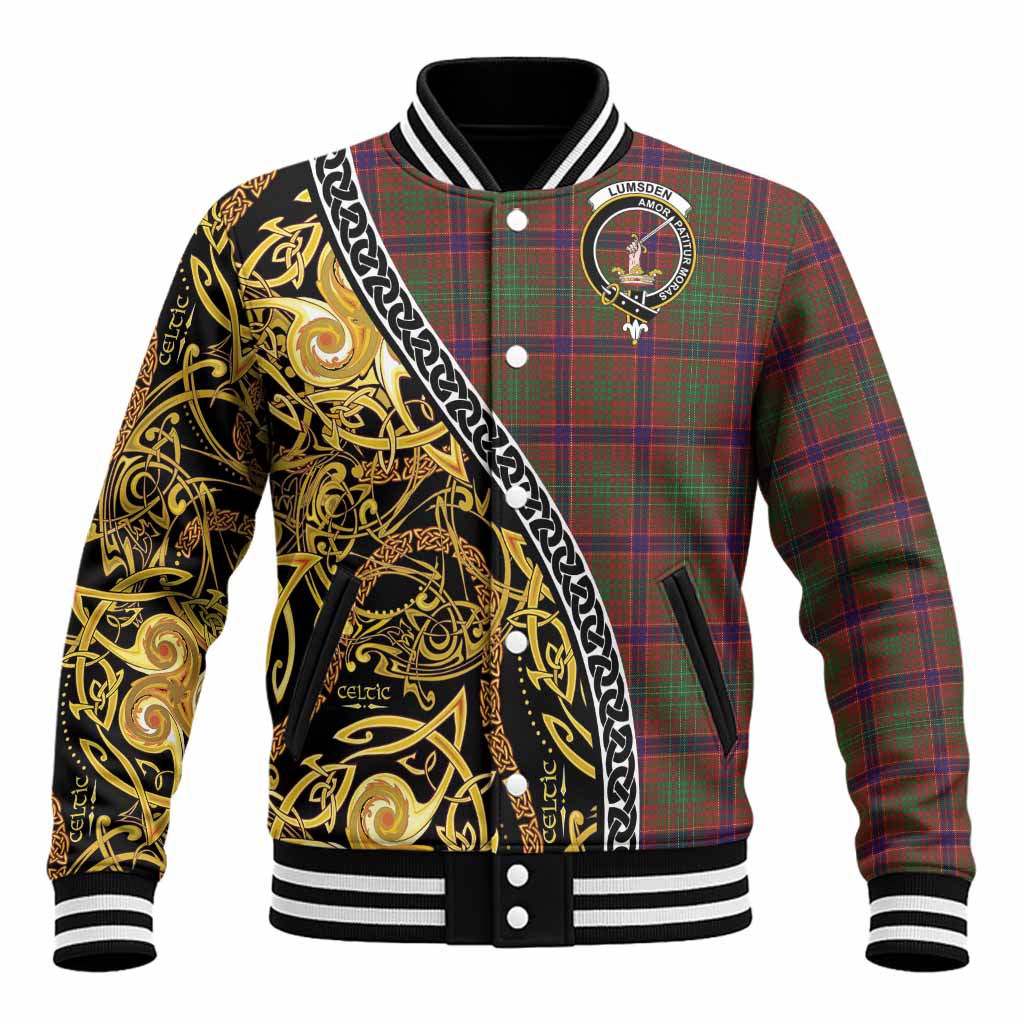 Lumsden Tartan Crest Baseball Jacket Celtic Knot and Triple Trickle Spiral Symbols