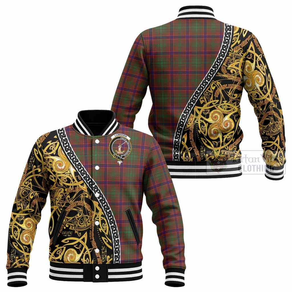 Lumsden Tartan Crest Baseball Jacket Celtic Knot and Triple Trickle Spiral Symbols