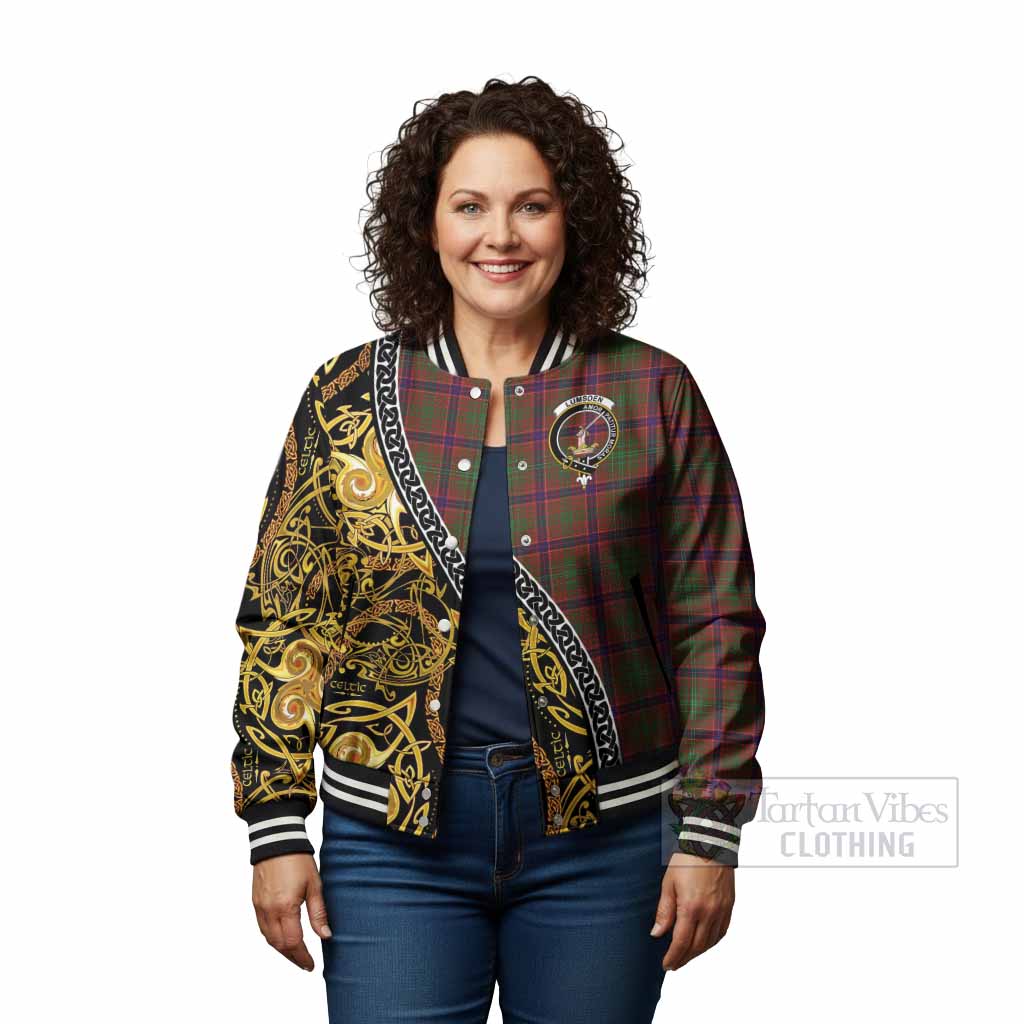 Lumsden Tartan Crest Baseball Jacket Celtic Knot and Triple Trickle Spiral Symbols