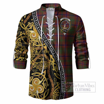 Lumsden Tartan Crest Ghillie Shirt Celtic Knot and Triple Trickle Spiral Symbols