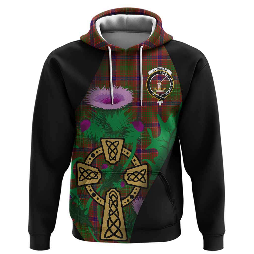 Lumsden Tartan Crest Hoodie Celtic Cross Thistle Flowers