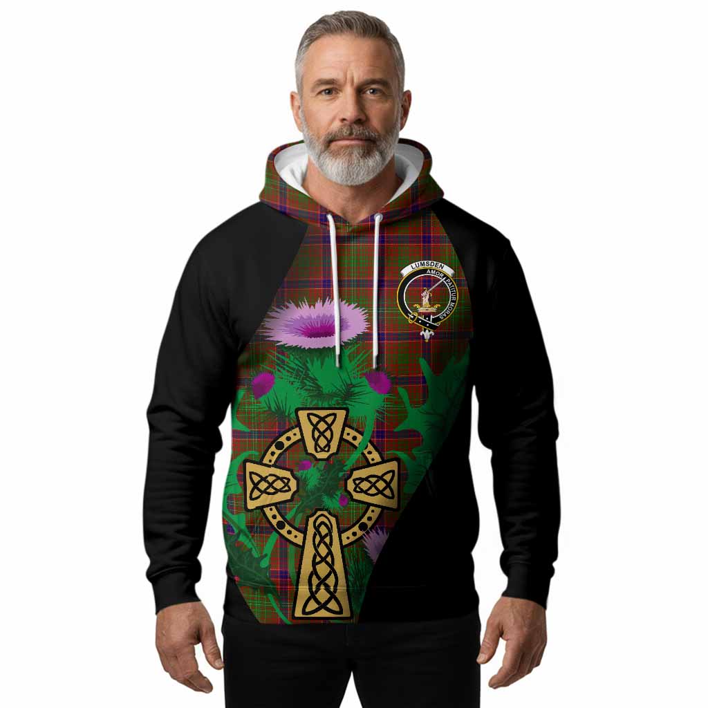 Lumsden Tartan Crest Hoodie Celtic Cross Thistle Flowers