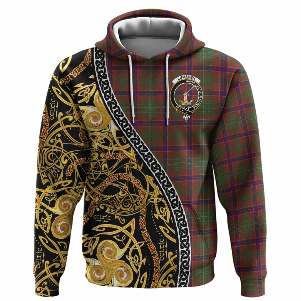 Lumsden Tartan Crest Hoodie Celtic Knot and Triple Trickle Spiral Symbols