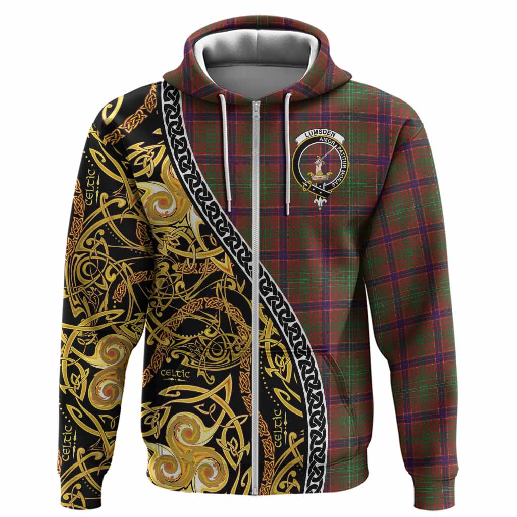 Lumsden Tartan Crest Hoodie Celtic Knot and Triple Trickle Spiral Symbols