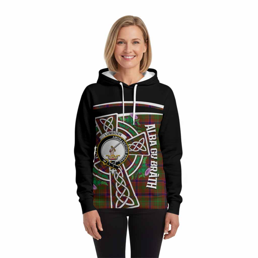 Lumsden Tartan Crest Hoodie Scottish Thistle Celtic Cross Alba Gu Brath