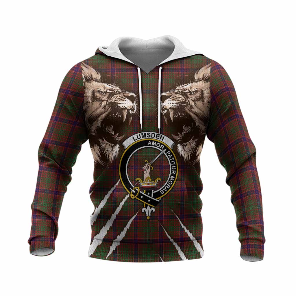 Lumsden Tartan Crest Knitted Hoodie Ferocious Lion Style