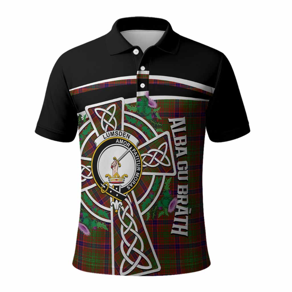 Lumsden Tartan Crest Polo Shirt Scottish Thistle Celtic Cross Alba Gu Brath