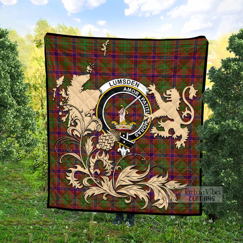 Lumsden Tartan Crest Premium Quilt with Scottish Iconic Symbols 