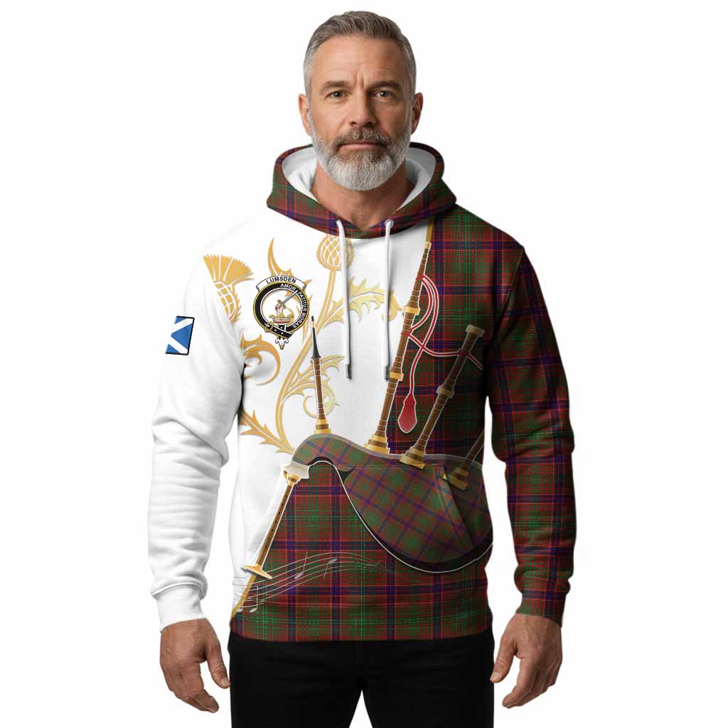 Lumsden Tartan Family Crest Hoodie Bagpipes with Scottish Thistle