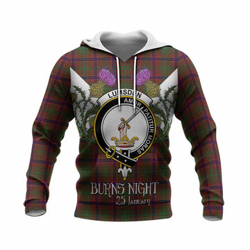 Lumsden Tartan Family Crest Knitted Hoodie Scottish Burns Night Thistle Floral