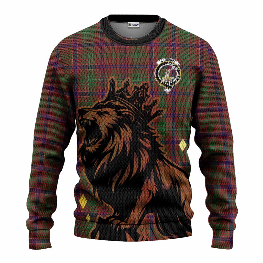 Lumsden Tartan Family Crest Knitted Sweater Crowned Lion Roaring