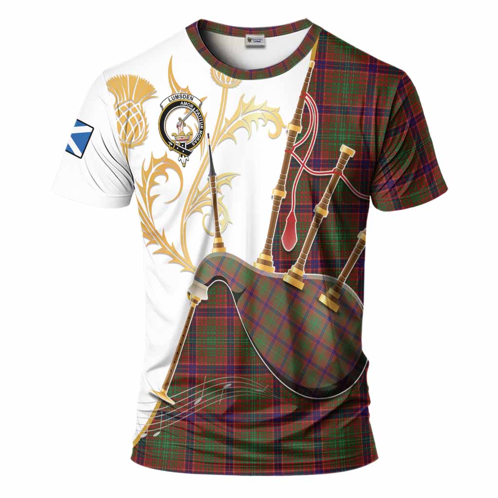 Lumsden Tartan Family Crest T-Shirt Bagpipes with Scottish Thistle