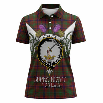 Lumsden Tartan Family Crest Women Polo Shirt Scottish Burns Night Thistle Floral