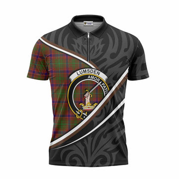 Lumsden Tartan Family Crest Zipper Polo Shirt Celtic Scottish Thistle Floral
