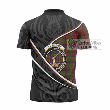 Lumsden Tartan Family Crest Zipper Polo Shirt Celtic Scottish Thistle Floral
