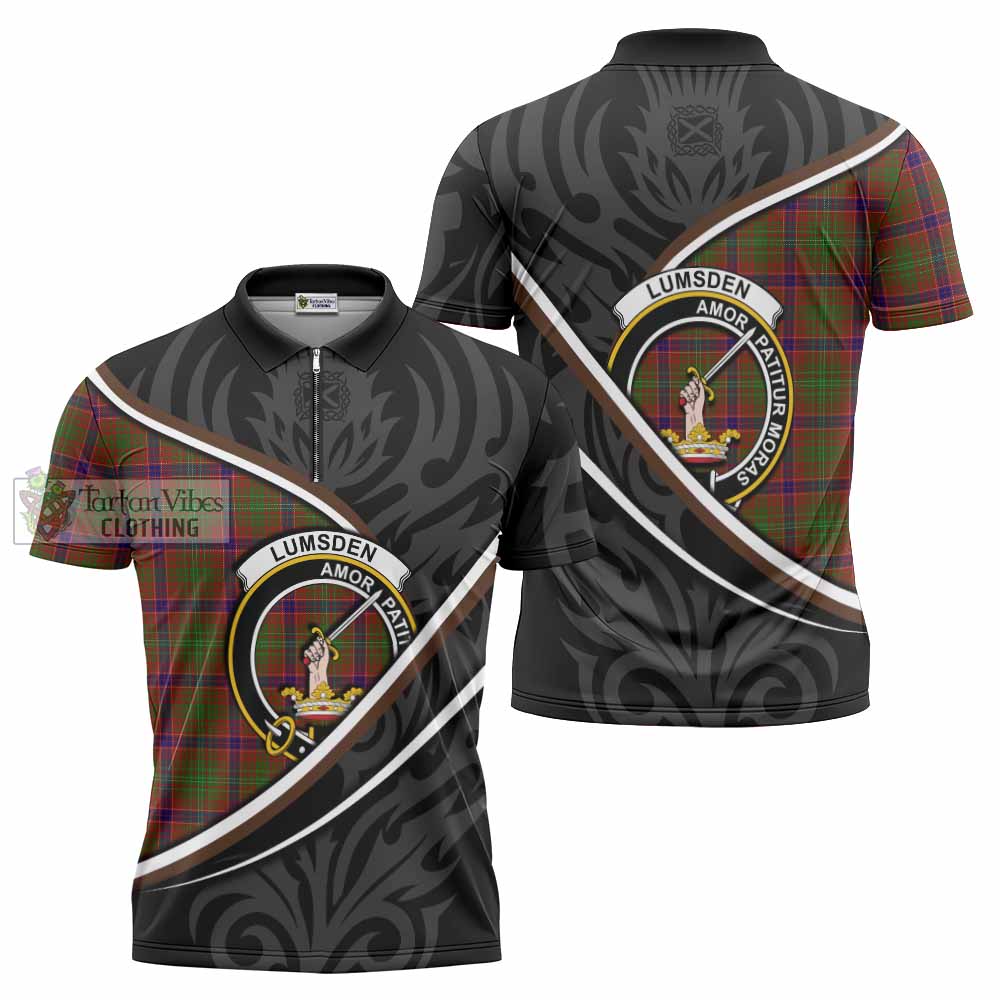 Lumsden Tartan Family Crest Zipper Polo Shirt Celtic Scottish Thistle Floral - Tartan Vibes Clothing