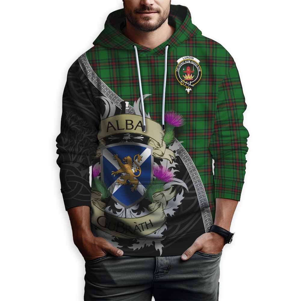 Lundin Tartan Family Crest Hoodie Lion Rampant Royal Thistle Shield Celtic Inspired Pullover Hoodie - Tartan Vibes Clothing