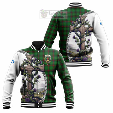 Tartan Vibes Clothing Lundin Tartan Baseball Jacket with Family Crest and St. Andrew's Cross Accented by Thistle Vines