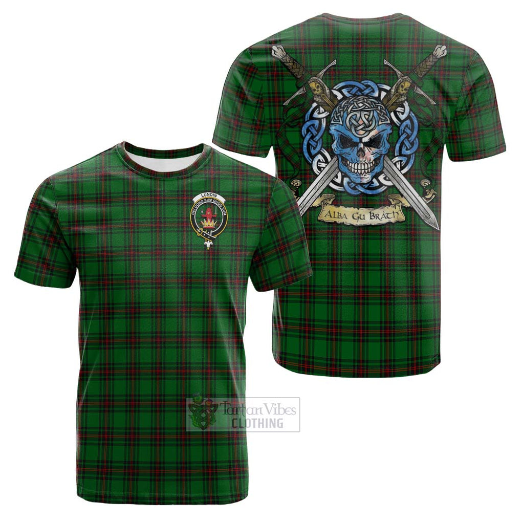 Tartan Vibes Clothing Lundin Tartan Cotton T-shirt with Family Crest Celtic Skull Style