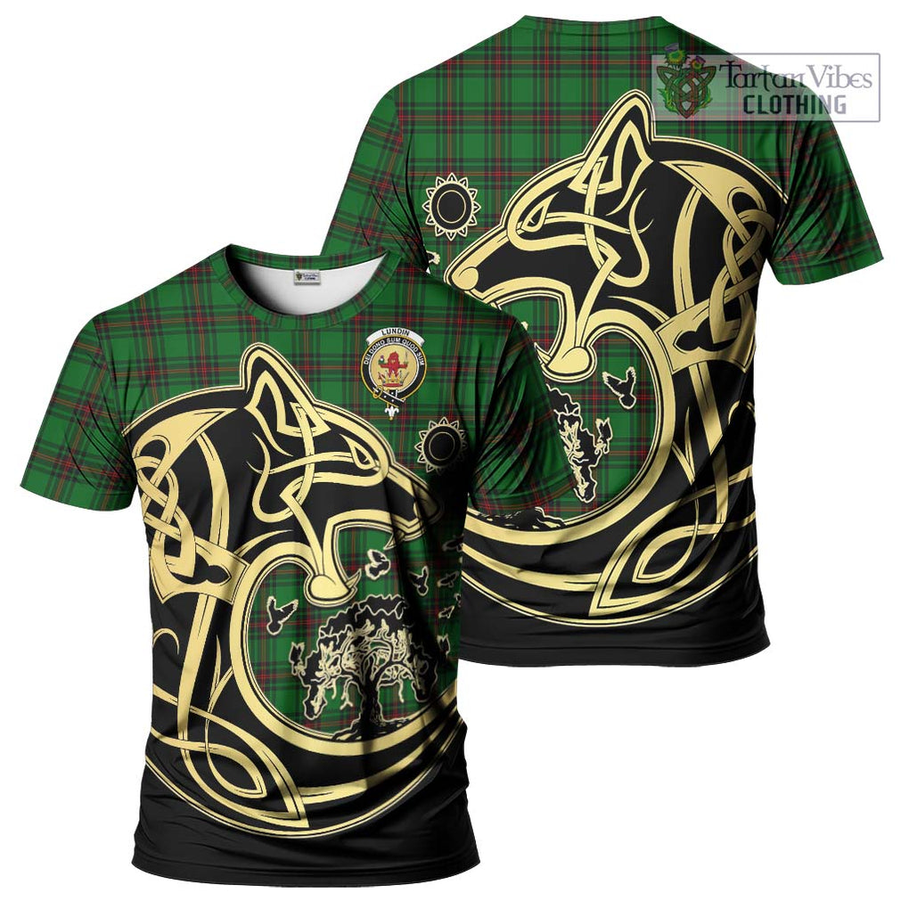 Lundin Tartan T-Shirt with Family Crest Celtic Wolf Style Kid's Shirt - Tartan Vibes Clothing