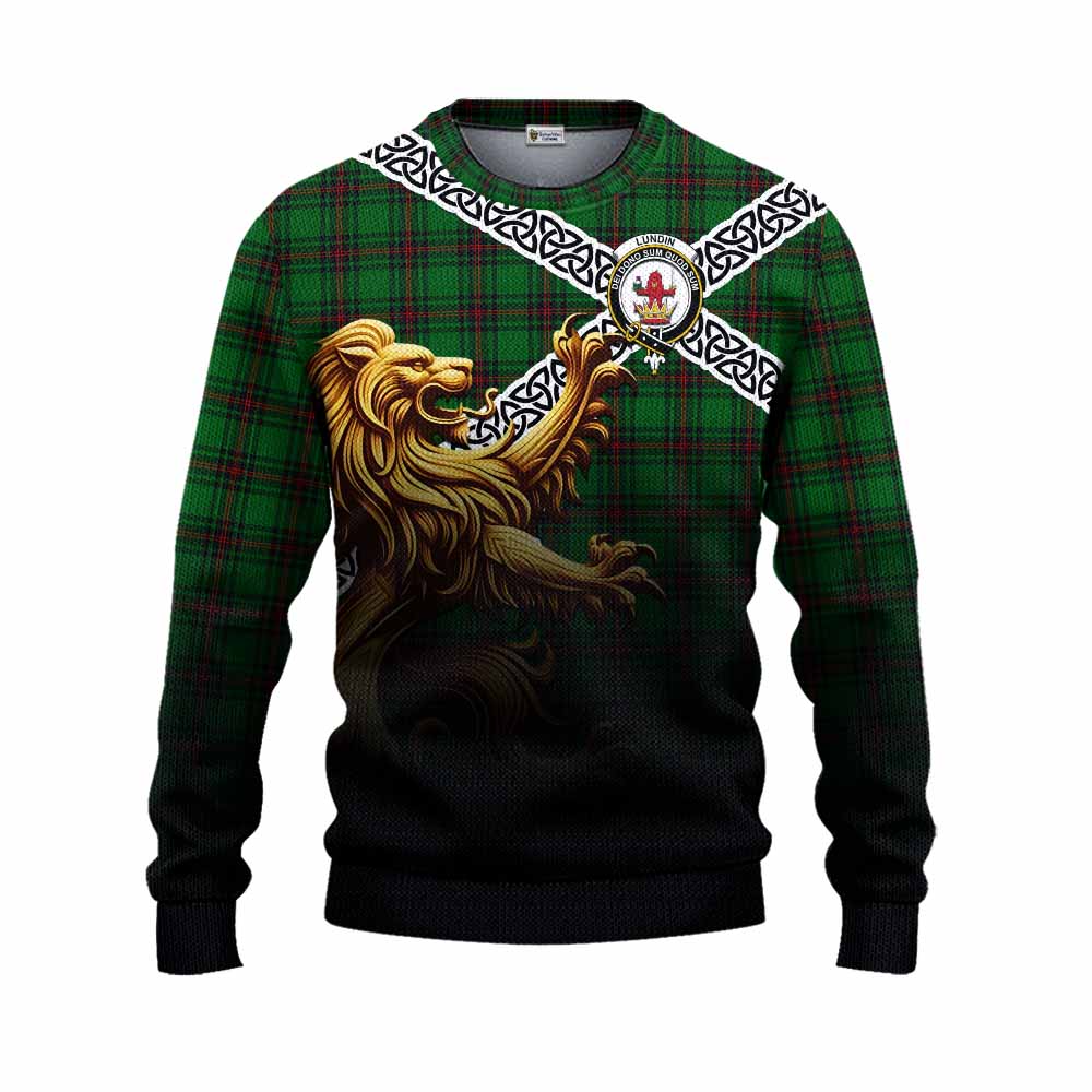 Lundin Crest Tartan Knitted Sweater with Golden Lion Emblem Celtic Style Unisex - Tartan Vibes Clothing