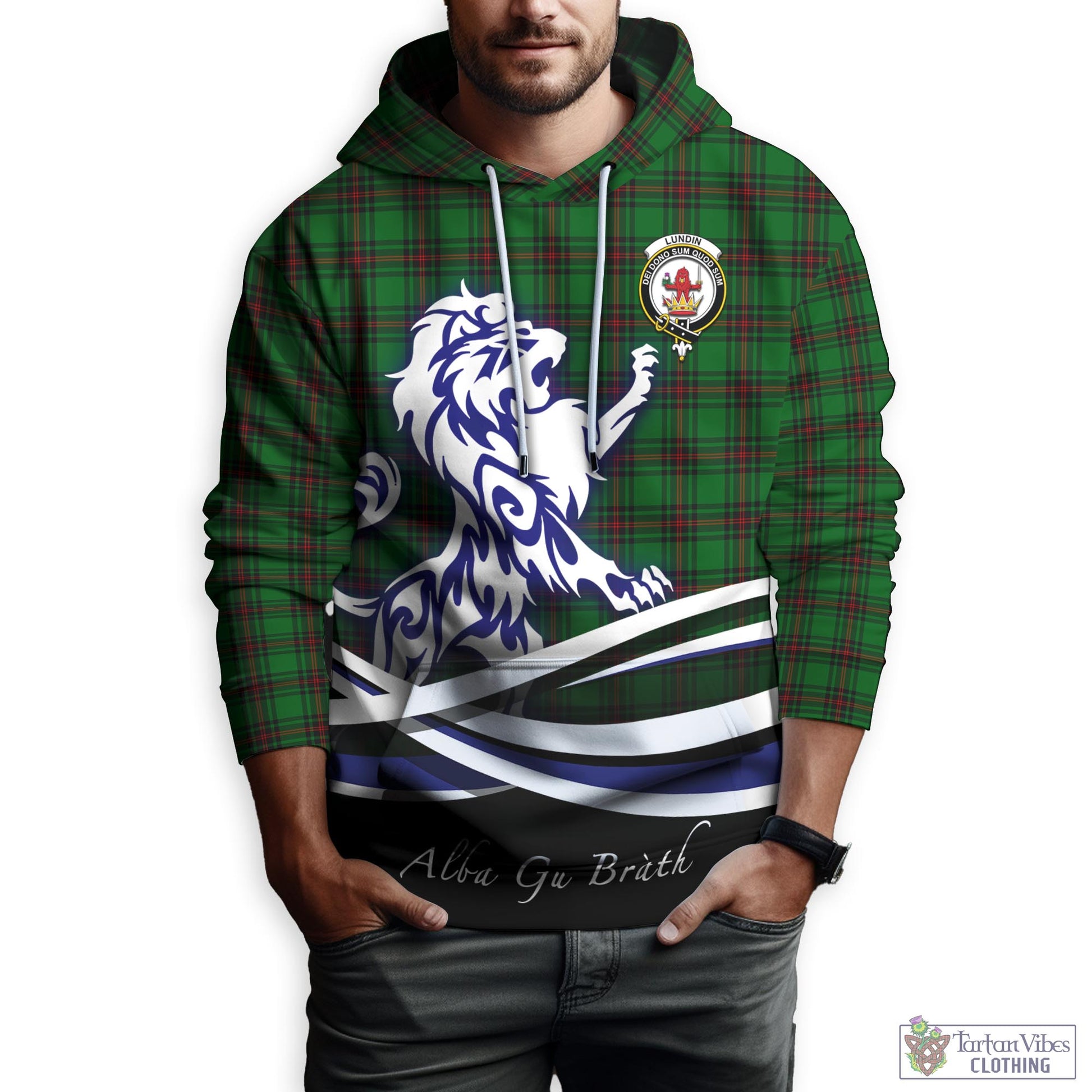 Lundin Tartan Hoodie with Alba Gu Brath Regal Lion Emblem Zip Hoodie - Tartan Vibes Clothing