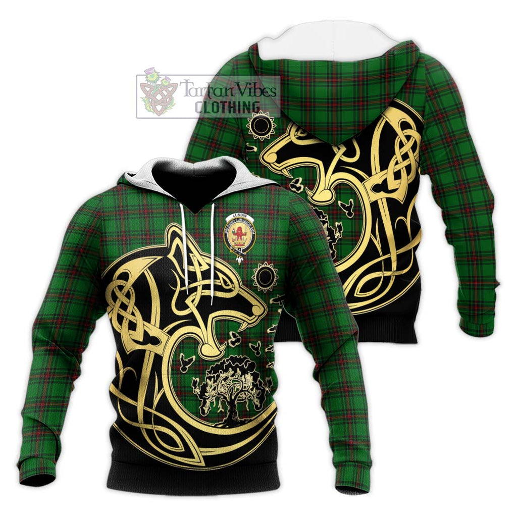 Lundin Tartan Knitted Hoodie with Family Crest Celtic Wolf Style Unisex Knitted Pullover Hoodie - Tartan Vibes Clothing