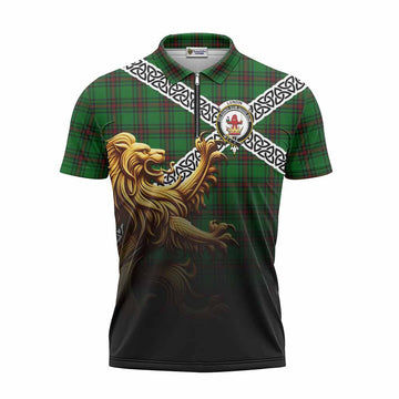 Lundin Crest Tartan Zipper Polo Shirt with Golden Lion Emblem Celtic Style Unisex - Tartan Vibes Clothing