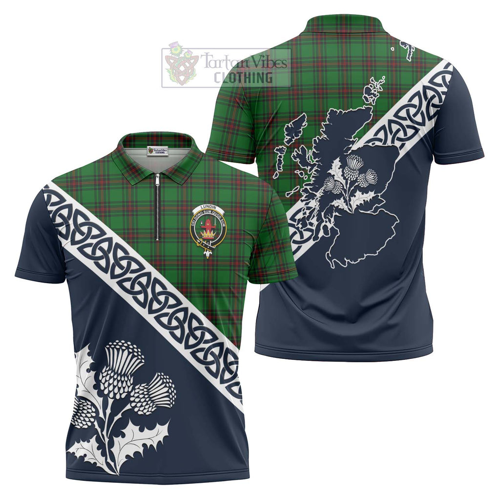 Lundin Tartan Zipper Polo Shirt Featuring Thistle and Scotland Map Unisex - Tartanvibesclothing Store