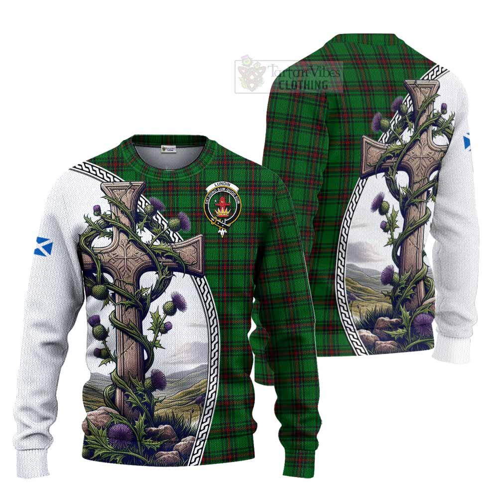 Lundin Tartan Knitted Sweater with Family Crest and St. Andrew's Cross Accented by Thistle Vines Unisex - Tartan Vibes Clothing