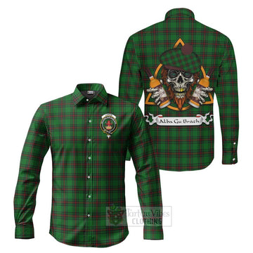 Lundin Tartan Long Sleeve Button Shirt with Family Crest and Bearded Skull Holding Bottles of Whiskey Men's Shirt S - Tartan Vibes Clothing