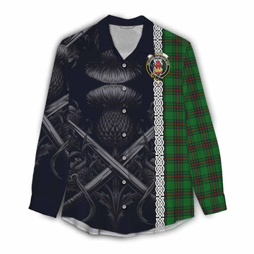 Lundin Tartan Women's Casual Shirt with Family Crest Cross Sword Thistle Celtic Vibes Female - Tartan Vibes Clothing