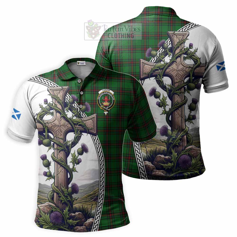 Tartan Vibes Clothing Lundin Tartan Polo Shirt with Family Crest and St. Andrew's Cross Accented by Thistle Vines