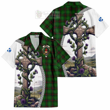 Tartan Vibes Clothing Lundin Tartan Short Sleeve Button Shirt with Family Crest and St. Andrew's Cross Accented by Thistle Vines
