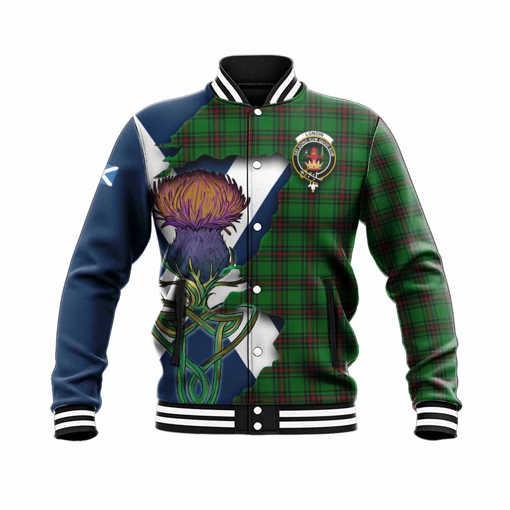 Lundin Tartan Family Crest Baseball Jacket Scottish Thistle Celtic Inspired Unisex - Tartan Vibes Clothing